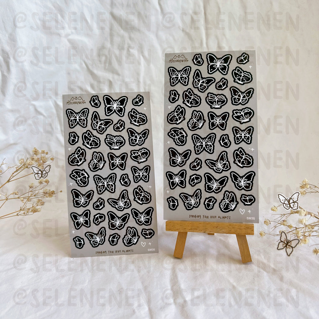 black with white outline butterflies matte vinyl sticker sheet